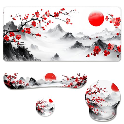 Cherry Blossom Desk Mat Set Zen Ink Landscape Large Mouse Pad with Wrist Rest 4-in-1 Desk Mat for Desktop Ergonomic Computer Desk Arm Wrist Anti-Slip Computer Ergonomic Mouse Pad Home Office Gaming - color: Cherry Blossom, size: 34.5" x 15.7"