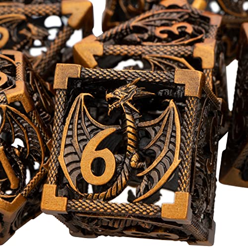 ARUOHHA Hollow DND Metal Dice Set Ancient Gold Dragons D and D Dice, RPG Role Playing Games Dungeons Polyhedral Dice with Gift Box D20 D12 D10 D8 D6 D4 - color: Ancient Gold