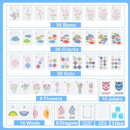 166 American Mahjong Tile Set, 1.2" Mini Blue 3D Engraved Melamine Mahjong Tiles with Storage Bag & Dice, Travel Game for Adults, Friend & Family Game Night, Gifts for Mah-jongg Lovers - color: Blue
