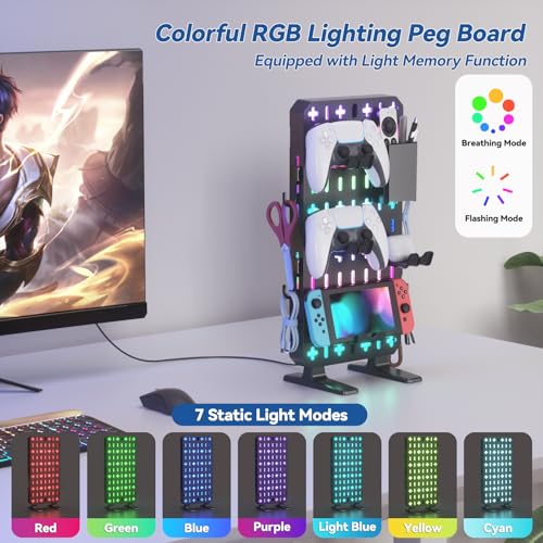 KDD 6 in 1 RGB Gaming Desk Accessories - No Drill Desk Organizer with Phone Stand/Storage Box/Headset & Controller Holder/Hooks, Freestanding Gaming Pegboard for Office & Home Desktop Decor Organizer