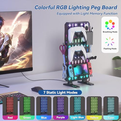 KDD 6 in 1 RGB Gaming Desk Accessories - No Drill Desk Organizer with Phone Stand/Storage Box/Headset & Controller Holder/Hooks, Freestanding Gaming Pegboard for Office & Home Desktop Decor Organizer