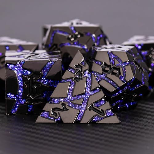 Cracked Rune Metal Dice Set for DND & RPG – Dark Fantasy Fractured Design, Premium Heavy Metal Polyhedral Dice with Deep Engraved Numbers, 7-Piece Set – Purple Arcane Vein - color: Black Nickel Purple