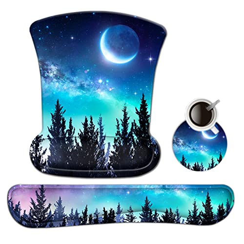 AIMSA Ergonomic Keyboard Wrist Rest and Mouse Pad with Wrist Support Set, Memory Foam Non-Slip Rubber Base, for Gaming, Working, Home, Office, Easy Typing, Pain Relief, Forest Moon Sky - color: Forest Moon Sky