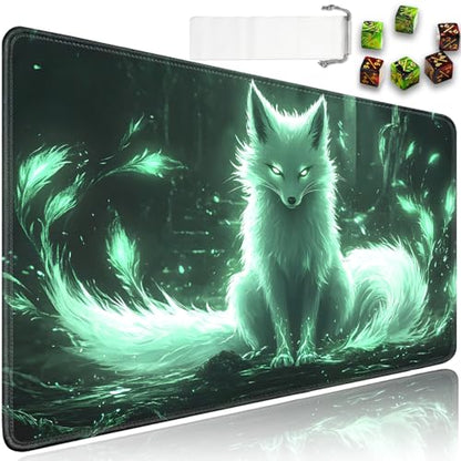 for MTG Game Playmat - 24 x 14 inches with Dices and Storage Bags, Non-Slip Base for TCG and Board Game Card Mats, Trading Card Games Mat, Enchanted Glowing Fox Pattern Collectible Card Playmats - color: Jv-playmat-p7-1-d117