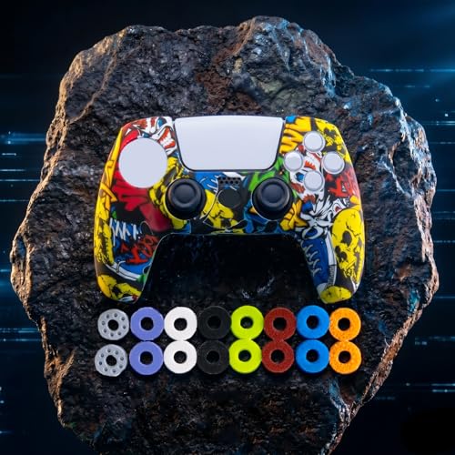 Silicone Case for PS5 Controller with 16Pcs Precision Rings, 3 Resistance Levels Aim Assist Motion Control Rings, Anti-Slip Protective Skin for DualSense Wireless Controller - Yellow Graffiti - color: Yellow Graffiti