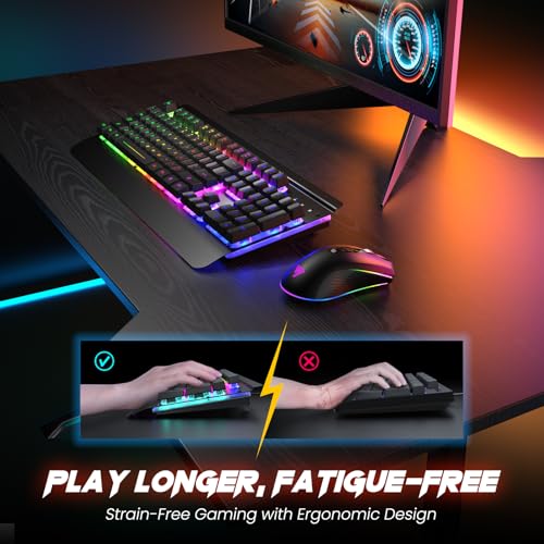 Wireless Gaming Keyboard and Mouse Combo, Metal Panel, 7 Color Backlits, Rechargeable 3200 mAh Battery, Wrist Rest, Sleep Mode, Light Up Keyboard + 7D 3200DPI Gaming Mice for PC Gamer | 7 Color Backlits, Rechargeable 3200 mAh Battery/Wrist Rest/Sleep Mode