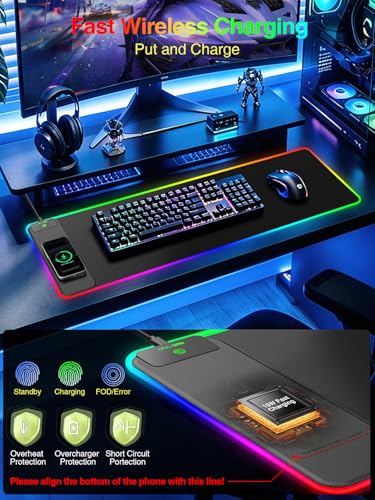 Wireless Charging Mouse Pad Gaming, 31.5"x11.8" Large Desk Mat, Waterproof | RGB Mousepad, Smooth Glide, Stitched Edge, Non-Slip Rubber Base, Desk Pad Computer Keyboard Mat, No Adapter - color: RGB-31.5"x11.8"