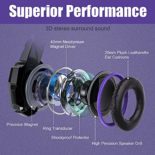 BENGOO G9000 Stereo Gaming Headset for PS5, PS4, PC, Xbox One Controller, Noise Cancelling Over Ear Headphones with Mic, LED Light, Bass Surround, Soft Memory Earmuffs - Purple - color: Purple