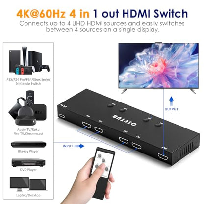 4K@60Hz 4 in 1 Out HDMI Switch, 4 Port HDMI Switcher Selector Support HDR10 & HDCP 2.2 & Full 3D with IR Remote Control Compitable with Nintendo Switch,Xbox PS5/4,Fire Stick,Roku,Apple TV for Gaming - size: 4K60Hz 4×1 HDMI Switch