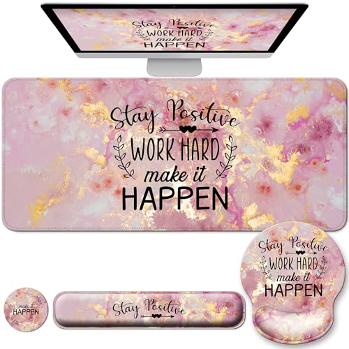 Desk Mat Set Keyboard and Mouse Pad with Wrist Rest Support | Ergonomic,Pain Relief, 4-in-1 Large Big Mousepad Computer Mats,Desk Pad Matt Mats for Desktop Home & Office - color: C1-Pink Stay Positive