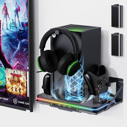 Wall Mount with Cooling Fan Charging Stand for Xbox Series X/S, Vertical Dual Controller Charger Station with 2 X 1100 mAh Rechargeable Battery for Xbox Console Accessories, 3 USB Ports, Headset Stand - size: Wall Mount+Cooling Charging Stand+Battery Pack