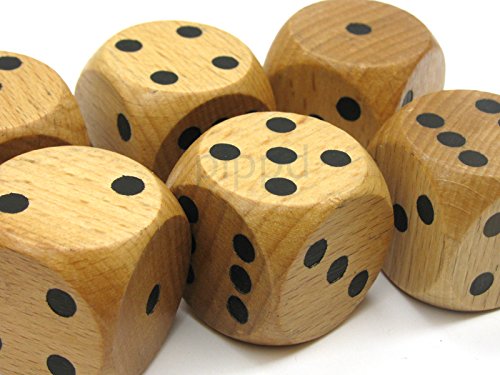 Set of 6 D6 Large Jumbo 30mm Rounded Wood Dice - Wooden with Black Pips