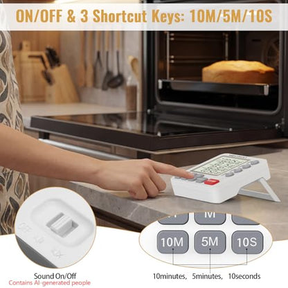 Digital Dual Kitchen Timer, 4 Channels Independent Countdown Timer, Large Display, On/Off, Loud Volume Alarm and Flashing Light with Magnetic Back, Stand, Battery Included (White) - color: White