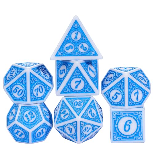 7PCs DND Dice Set, Unique Window Lattice Pattern D&D Dice Set with Leather Die Bag, Polyhedral Die for RPG Table Games (Blue/White) - color: Blue With White Edge