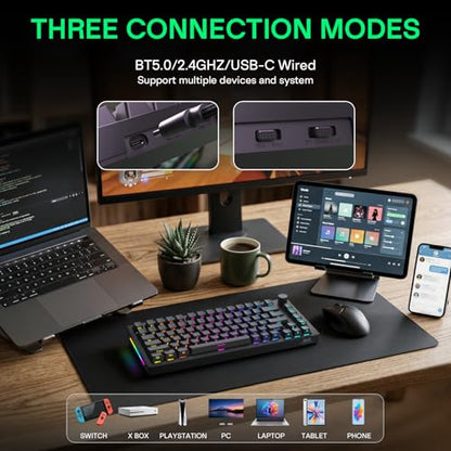 HINATSUSIKE H83 Pro 75 Percent Wireless Mechanical Keyboard for Gaming, Hot-Swappable with Knob, RGB Backlit, Pre-Lubed Cardamom Linear Switches, Side-Printed PBT Keycaps, 2.4G/BT5.0/USB-C Black - color: H83 Pro Black