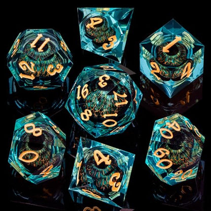 ARUOHHA DND Resin Dice Dragon Eye Dice Liquid Core Red Sharp Edged Dice Set with Gift Box, Polyhedral D and D Dice Set Role Playing Game D20 D12 D10 D8 D6 D4 - color: Yy06-blue