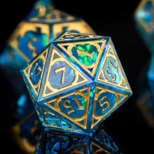 DND Resin dice Color Sharp Edge dice Set Dungeon Polyhedron D and D dice Set Suitable for D&D Role-Playing Tabletop Games D20 D12 D10 D8 D6 D4 (Golden Blue) - color: Golden Blue