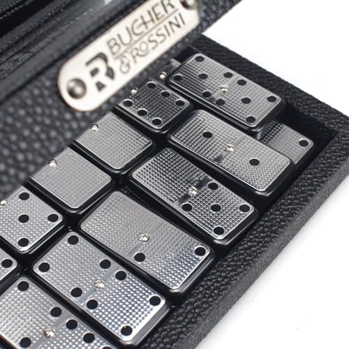 Bucher&Rossini Metal Surface Dominoes Set Double 6 - Classic Black Domino's Game Set with Silver Metal Surface Dominos Set for Adults and Kids Ideal Gift for Domino Players or Family Game Night - color: Silver New - Double 6