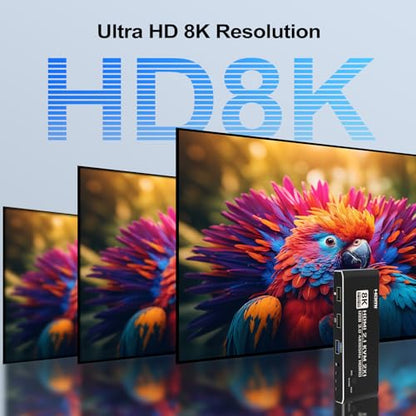 KVM Switch HDMI 2 in 1 Out for 1 Monitor 2 Computers 8K@60Hz 4K@165Hz | HDMI2.1 USB 3.0 Hub with IR Remote Control, Aluminum Alloy, HDR10, HDCP 2.2, EDID2.2 Adaptive