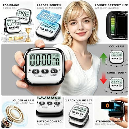 AyayaBoss 2-Pack Magnetic Kitchen Timers for Cooking, Digital Stop Watch Countdown Timer for Kids, Teachers, Classroom, Office, Exercise - Battery Included - color: Digital Timer 2 Pack - Black