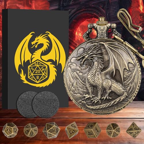 Mini DND Dice Set with Steampunk Dragon Pocket Watch Case, Tiny 7-Piece Polyhedral Metal D&D Dice, DND Gifts with Gift Box for DND Lovers, Role Playing Game Board Game Accessories Dice, Bronze - color: Bronze