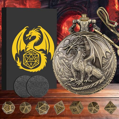 Mini DND Dice Set with Steampunk Dragon Pocket Watch Case, Tiny 7-Piece Polyhedral Metal D&D Dice, DND Gifts with Gift Box for DND Lovers, Role Playing Game Board Game Accessories Dice, Bronze - color: Bronze
