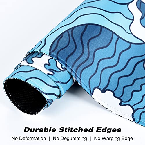 Extended Gaming Mouse Pad, Japanese Blue White Wave Mousepad, XL Large Mouse Mat Desk Pad 30 x 14 Inch, Waterproof Anime Mouse Pad with Stitched Edges and Non-Slip Base for Office Gaming - color: Blue White Wave