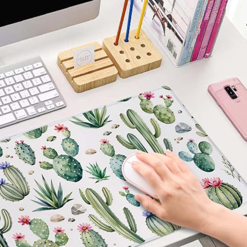 Large Gaming Mouse Pad with Stitched Edges, Desk Pad Extended Keyboard Mat, Non-Slip Rubber Base Mousepads for Laptop, Office, Home, 31.5X11.8 inch Watercolor Cactus and Flowers - color: Watercolor Cactus and Flowers