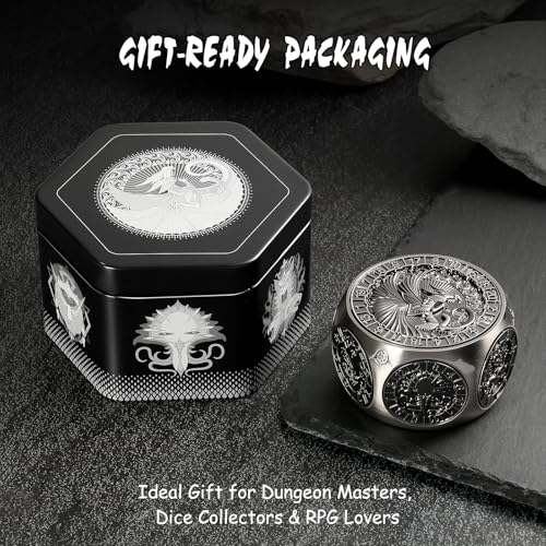 DNDND 8-in-1 Dual D20 Hexagonal Metal Dice - D&D Monster Themed Multi-Functional Dice Set for TTRPG Dungeons and Dragons with Collectible Gift Tin (Black) - color: Silver