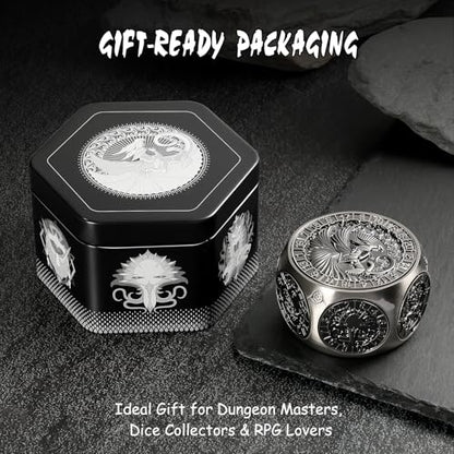 DNDND 8-in-1 Dual D20 Hexagonal Metal Dice - D&D Monster Themed Multi-Functional Dice Set for TTRPG Dungeons and Dragons with Collectible Gift Tin (Black) - color: Silver