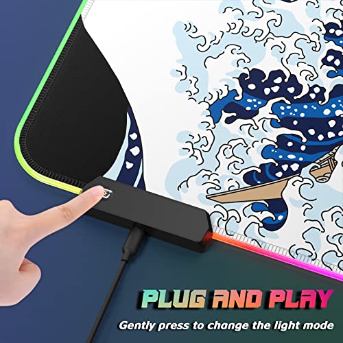 ITNRSIIET RGB Gaming Mouse Pad, Full Desk XL Extended Large Gaming Mousepad, 12 Lighting Modes 30% Thicker Big LED Desk Mat for Gamers, 32 x 12 inches, Japanese Waves - color: Japanese Waves