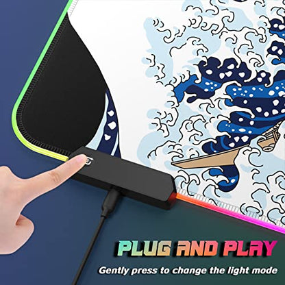 ITNRSIIET RGB Gaming Mouse Pad, Full Desk XL Extended Large Gaming Mousepad, 12 Lighting Modes 30% Thicker Big LED Desk Mat for Gamers, 32 x 12 inches, Japanese Waves - color: Japanese Waves