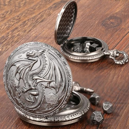 Mini DND Dice Set, Steampunk Winged Dragon Pocket Watch Shell Case, 7-Piece Polyhedral Metal D&D Dice, DND Gift Bag with Dragon Logo, Role Play Board Game Accessories, Dark Silver - color: Dark Silver