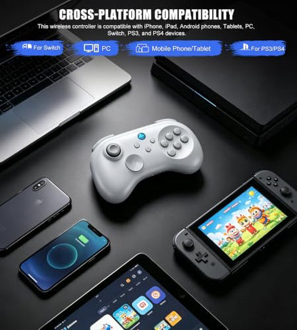 Wireless Fighting Controller for iOS/Android/Switch/PS4/PS3/PC, 6-Button Layout Bluetooth Controllers Retro Gamepad with Hall Joystick/Hall Trigger/Turbo/Programming Key for SEGA’s Classic Games, White - color: White