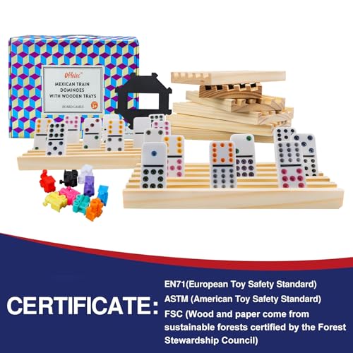 Mexican Train Dominoes Set with 8 Wooden Holders | Double 12 Dominoes with 91 Color-Coded Tiles & Hub | Domino Tile Board Games for 2-8 Players | Family Board Game for Adults & Kids (D12 + 8 Holders) - color: Double 12 Mexican Train Dominoes Set