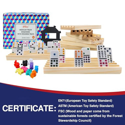 Mexican Train Dominoes Set with 8 Wooden Holders | Double 12 Dominoes with 91 Color-Coded Tiles & Hub | Domino Tile Board Games for 2-8 Players | Family Board Game for Adults & Kids (D12 + 8 Holders) - color: Double 12 Mexican Train Dominoes Set