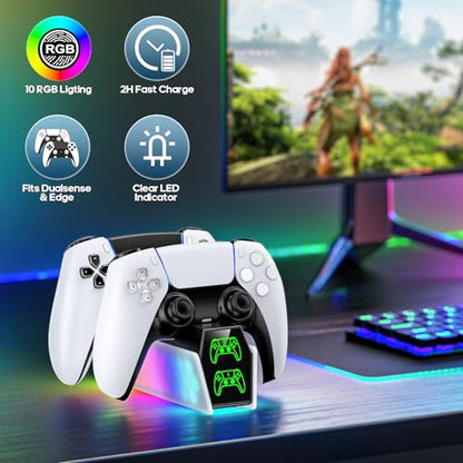 PS5 Controller Charger Station Compatible with DualSense & Edge Controllers, PS5 Charging Station Docking with RGB Light & LED Indicator for PS4 Controller Charger