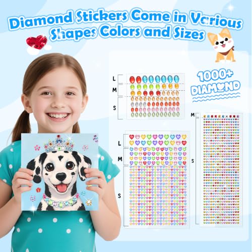 Gem Art Sticker Kit,Diamond Art Sticker Crafts for Kids Ages 4-12 | 8 Dog Themes, 1000+ Gems, no glue, no mess, Gemstone Sticker Arts and Crafts for Kids, Christmas Birthday Gift for Girls - color: Blue-Dog