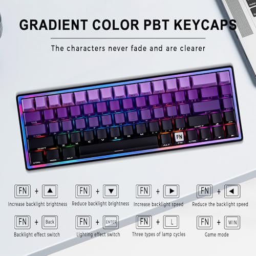 Wired 65% Mechanical Gaming Keyboard, Purple Gradient PBT Keycaps RGB Backlit Compact Mini Keyboard, Portable Ergonomic Gaming Keyboard for PC Laptop Desktop Gamers Office Work - color: Purple