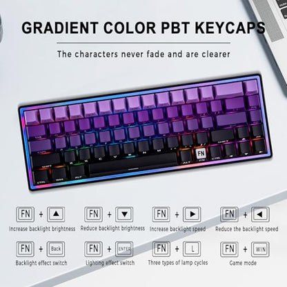 Wired 65% Mechanical Gaming Keyboard, Purple Gradient PBT Keycaps RGB Backlit Compact Mini Keyboard, Portable Ergonomic Gaming Keyboard for PC Laptop Desktop Gamers Office Work - color: Purple