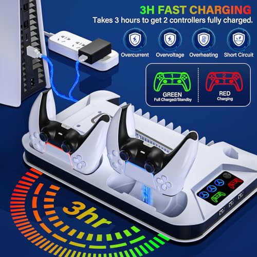PS5/Slim/Pro Cooling Station with Controller Charging Station for Playstation Console Playstation 5 Slim&Standard Disc/Digital Console, PS5 Pro Stand Cooler Accessories Incl Cooling Fan/3 USB Hubs - color: White