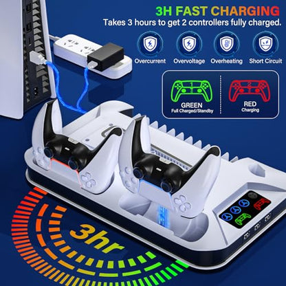 PS5/Slim/Pro Cooling Station with Controller Charging Station for Playstation Console Playstation 5 Slim&Standard Disc/Digital Console, PS5 Pro Stand Cooler Accessories Incl Cooling Fan/3 USB Hubs - color: White