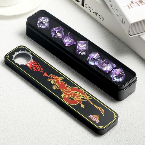 DNDND Purple Dragon Dice with Silver Numbers | Liquid Core 7-Piece Sharp Edge D&D Dice Set | Dragon Themed Collectible Metal Case | RPG Tabletop Gaming Gift - color: Liquid Dragon Purple