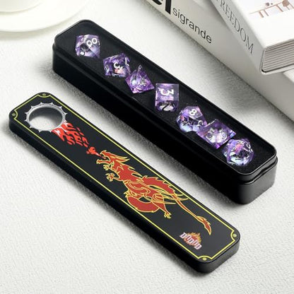DNDND Purple Dragon Dice with Silver Numbers | Liquid Core 7-Piece Sharp Edge D&D Dice Set | Dragon Themed Collectible Metal Case | RPG Tabletop Gaming Gift - color: Liquid Dragon Purple