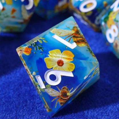 XENOLUX Resin DND Dice Set, Polyhedral RPG Dice for Dungeons and Dragons Board Games - Blue Sky White Clouds Bee & Flower Theme - Sharp Edge Handmade Solid Nature Dice (L14) - color: L14
