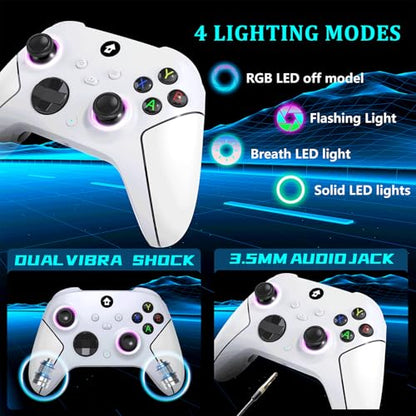 YUYIU Upgrade 2.4GHz Controller with 7 Colors RGB Light for Xbox Controller, Xbox One Series X|S,Consoles,Steam PC Windows, with 1000mAh Battery/Dual Vib-Ration/Turbo/Programmable, 3.5mm Audio Jack - color: Pearl White