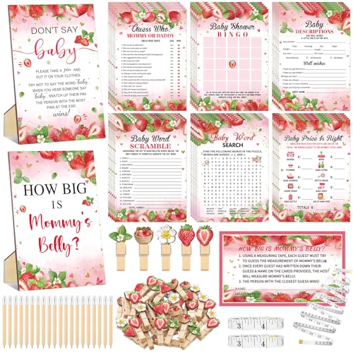 Funnymoom 426 Pcs Strawberry Baby Shower Games Set-8 Games Includes Baby Shower Bingo Price is Right Guess Who Word Scramble Prediction and Advice How Big is Mommy's Belly Don't Say the Words - color: Red, style: Strawberry