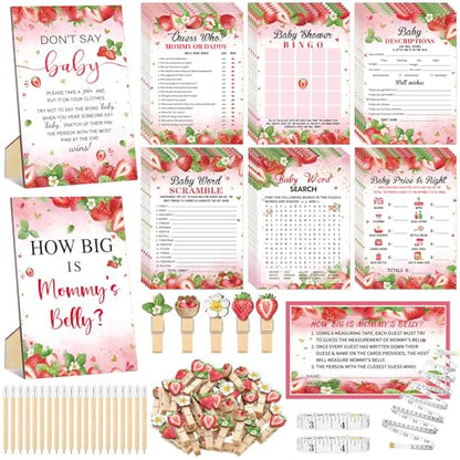Funnymoom 426 Pcs Strawberry Baby Shower Games Set-8 Games Includes Baby Shower Bingo Price is Right Guess Who Word Scramble Prediction and Advice How Big is Mommy's Belly Don't Say the Words - color: Red, style: Strawberry
