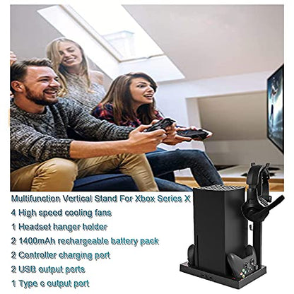 Megadream XOX Series X Stand with Fan, Dual Controller Charging Dock Station with 4 Cooling Fan, 1 Headphone Holder, 2 Pack 1400mAh Rechargeable Batteries for XOX Series X Console, Black