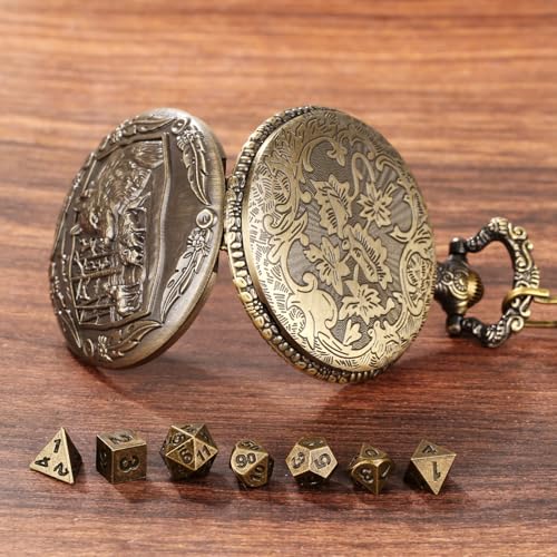 Wolf Pocket Watch Dice Set with Leather Bag, DND Starter Set, Mini Dice Kit - color: Wolf Dice Set